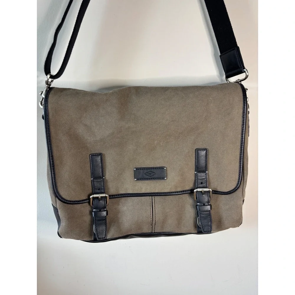 Fossil Messenger Bag Olive Green Canvas Black Trim Crossbody Laptop Satchel